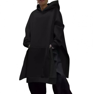 Γυναικείο πουλόβερ με κουκούλα με κουκούλα και σχισμή Μεγάλη τσέπη για γυναίκες Ζεστό χειμωνιάτικο κουκούλα με μακρυμάνικο κομψό, μεσαίο μήκος