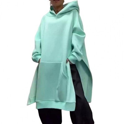 Γυναικείο πουλόβερ με κουκούλα με κουκούλα και σχισμή Μεγάλη τσέπη για γυναίκες Ζεστό χειμωνιάτικο κουκούλα με μακρυμάνικο κομψό, μεσαίο μήκος