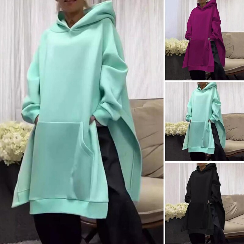 Γυναικείο πουλόβερ με κουκούλα με κουκούλα και σχισμή Μεγάλη τσέπη για γυναίκες Ζεστό χειμωνιάτικο κουκούλα με μακρυμάνικο κομψό, μεσαίο μήκος