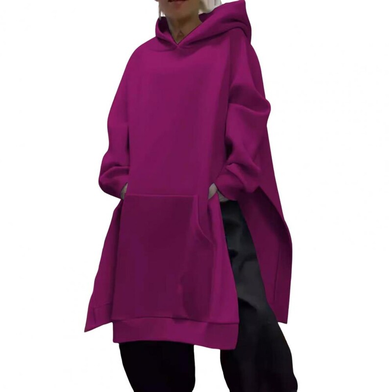 Γυναικείο πουλόβερ με κουκούλα με κουκούλα και σχισμή Μεγάλη τσέπη για γυναίκες Ζεστό χειμωνιάτικο κουκούλα με μακρυμάνικο κομψό, μεσαίο μήκος