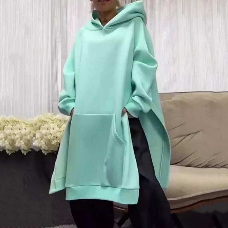 Γυναικείο πουλόβερ με κουκούλα με κουκούλα και σχισμή Μεγάλη τσέπη για γυναίκες Ζεστό χειμωνιάτικο κουκούλα με μακρυμάνικο κομψό, μεσαίο μήκος