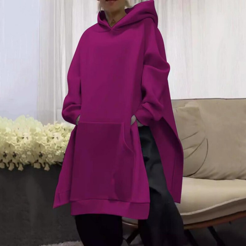 Γυναικείο πουλόβερ με κουκούλα με κουκούλα και σχισμή Μεγάλη τσέπη για γυναίκες Ζεστό χειμωνιάτικο κουκούλα με μακρυμάνικο κομψό, μεσαίο μήκος