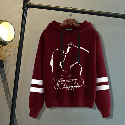 Zirgs un meitene Tu esi mana laimīgā vieta Apdruka ar kapuci Puloveri Topi Rudens un ziemas svītras ar garām piedurknēm
