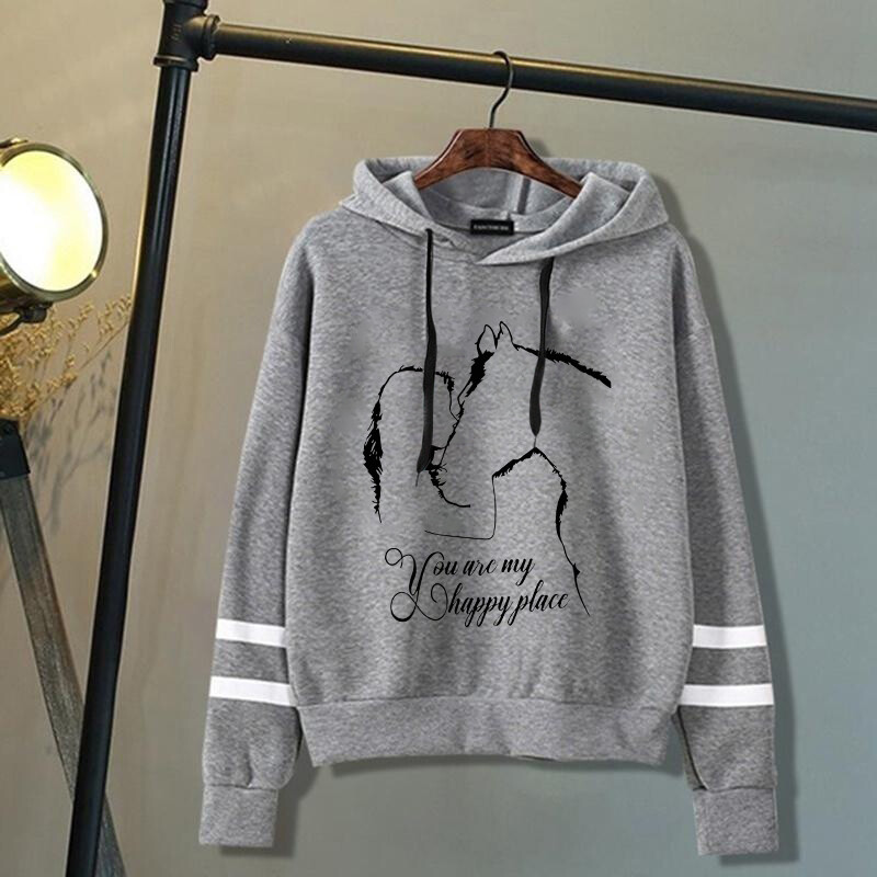 Zirgs un meitene Tu esi mana laimīgā vieta Apdruka ar kapuci Puloveri Topi Rudens un ziemas svītras ar garām piedurknēm