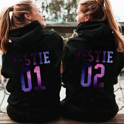 Φθινοπωρινό Fleece Hoodie Bff Bestie 01 Bestie 02 Φούτερ μόδας με κουκούλα Μακρυμάνικο Top Καλύτερος φίλος με ασορτί φερμουάρ Μαύρο φούτερ