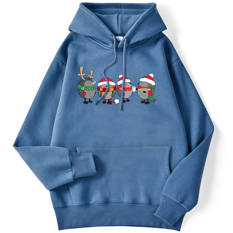 Őszi női kapucnis pulóver karácsonyi sündisznók Nyomtatott pulóver leejtő ujjú zseb felsők bő meleg kényelmes rajzfilm női ruhák