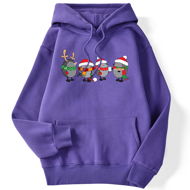 Őszi női kapucnis pulóver karácsonyi sündisznók Nyomtatott pulóver leejtő ujjú zseb felsők bő meleg kényelmes rajzfilm női ruhák