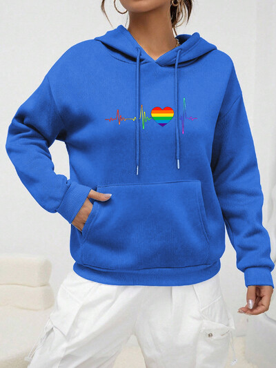 Ηλεκτροκαρδιογράφημα καρδιών που χτυπάει με στάμπα με κουκούλα Γυναικεία χιπ χοπ φαρδιά φούτερ Φθινοπωρινή μόδα Ρούχα casual πουλόβερ