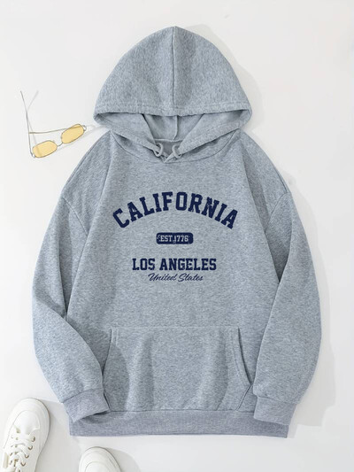 Γυναικεία φούτερ με φαρδιά στάμπα με κουκούλα, Μακρυμάνικο Plus Velvet Kangaroo Pocket Top Casual Sports πουλόβερ