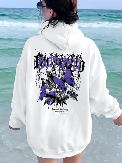 Μωβ τριαντάφυλλο με κουκούλα με στάμπα με πεταλούδα για γυναικεία χειμερινή κουκούλα με κουκούλα Street Casual κορίτσια 2024 Νέο μοντέλο