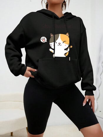 Cat Let You Stay Pawsifive Εκτύπωση Γυναικείες κουκούλες Μόδα Casual Streetwear Προσωπικότητα Hip Hoop Hoodie Cartoon Fleece Pulloverar