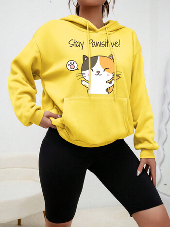 Cat Let You Stay Pawsifive Εκτύπωση Γυναικείες κουκούλες Μόδα Casual Streetwear Προσωπικότητα Hip Hoop Hoodie Cartoon Fleece Pulloverar