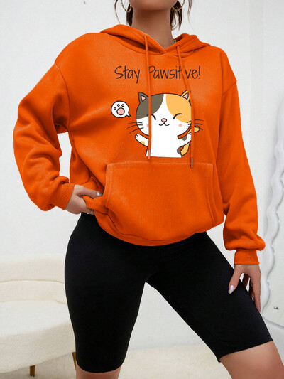 Cat Let You Stay Pawsifive Print Sieviešu kapuces Modes Ikdienas ielas apģērbs Personības Hip Hop Hoodie Karikatūra Flīsa džemperis