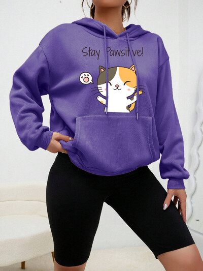 Cat Let You Stay Pawsifive Εκτύπωση Γυναικείες κουκούλες Μόδα Casual Streetwear Προσωπικότητα Hip Hoop Hoodie Cartoon Fleece Pulloverar