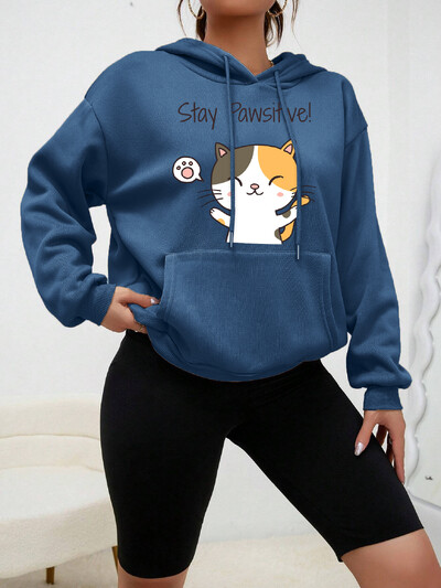 Cat Let You Stay Pawsifive Εκτύπωση Γυναικείες κουκούλες Μόδα Casual Streetwear Προσωπικότητα Hip Hoop Hoodie Cartoon Fleece Pulloverar