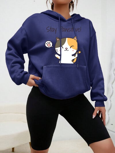 Cat Let You Stay Pawsifive Εκτύπωση Γυναικείες κουκούλες Μόδα Casual Streetwear Προσωπικότητα Hip Hoop Hoodie Cartoon Fleece Pulloverar