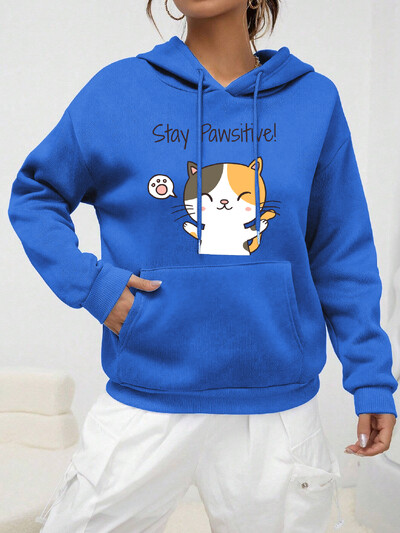Cat Let You Stay Pawsifive Εκτύπωση Γυναικείες κουκούλες Μόδα Casual Streetwear Προσωπικότητα Hip Hoop Hoodie Cartoon Fleece Pulloverar