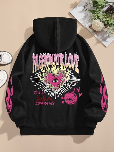 Hanorace pentru femei de stradă, dragoste pasională, flacără, hanorace cu imprimeu cu inimă, cu gât crew, pulover lângă, fleece calde, topuri pentru femei, haine