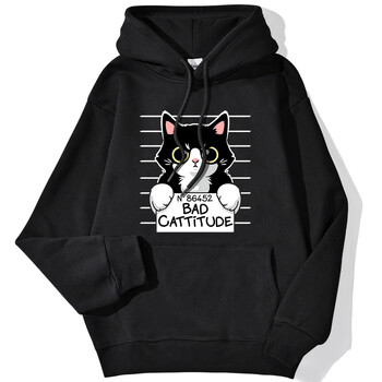 Χειμερινές γυναικείες κουκούλες No86452 Bad Cattitude Funny Cat Printed Hoody Stretch μανίκια πουλόβερ Casual Cute Ladies Streetwears