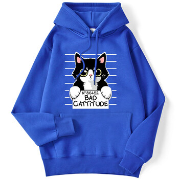 Χειμερινές γυναικείες κουκούλες No86452 Bad Cattitude Funny Cat Printed Hoody Stretch μανίκια πουλόβερ Casual Cute Ladies Streetwears