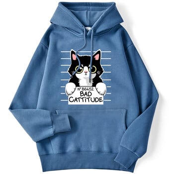 Χειμερινές γυναικείες κουκούλες No86452 Bad Cattitude Funny Cat Printed Hoody Stretch μανίκια πουλόβερ Casual Cute Ladies Streetwears