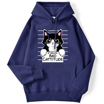 Χειμερινές γυναικείες κουκούλες No86452 Bad Cattitude Funny Cat Printed Hoody Stretch μανίκια πουλόβερ Casual Cute Ladies Streetwears