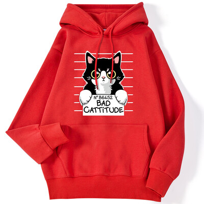 Χειμερινές γυναικείες κουκούλες No86452 Bad Cattitude Funny Cat Printed Hoody Stretch μανίκια πουλόβερ Casual Cute Ladies Streetwears