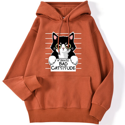 Zimske ženske majice s kapuljačom No86452 Bad Cattitude Smiješna majica s kapuljačom s printom mačke, rastezljivi, spušteni rukavi, pulover, ležerna, slatka ženska ulična odjeća