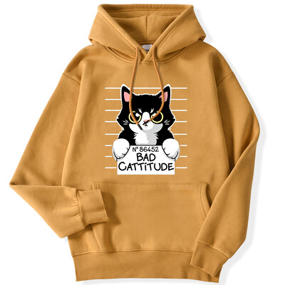 Zimske ženske majice s kapuljačom No86452 Bad Cattitude Smiješna majica s kapuljačom s printom mačke, rastezljivi, spušteni rukavi, pulover, ležerna, slatka ženska ulična odjeća