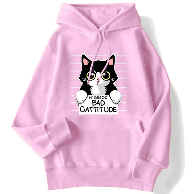 Zimske ženske majice s kapuljačom No86452 Bad Cattitude Smiješna majica s kapuljačom s printom mačke, rastezljivi, spušteni rukavi, pulover, ležerna, slatka ženska ulična odjeća