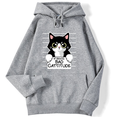 Zimske ženske majice s kapuljačom No86452 Bad Cattitude Smiješna majica s kapuljačom s printom mačke, rastezljivi, spušteni rukavi, pulover, ležerna, slatka ženska ulična odjeća