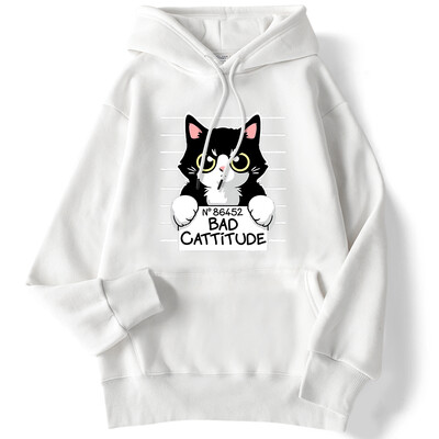 Zimske ženske majice s kapuljačom No86452 Bad Cattitude Smiješna majica s kapuljačom s printom mačke, rastezljivi, spušteni rukavi, pulover, ležerna, slatka ženska ulična odjeća