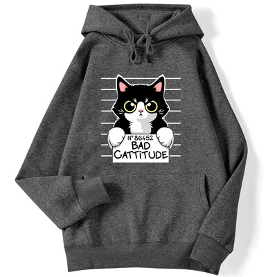 Zimske ženske majice s kapuljačom No86452 Bad Cattitude Smiješna majica s kapuljačom s printom mačke, rastezljivi, spušteni rukavi, pulover, ležerna, slatka ženska ulična odjeća
