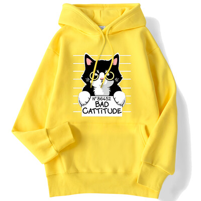 Zimske ženske majice s kapuljačom No86452 Bad Cattitude Smiješna majica s kapuljačom s printom mačke, rastezljivi, spušteni rukavi, pulover, ležerna, slatka ženska ulična odjeća