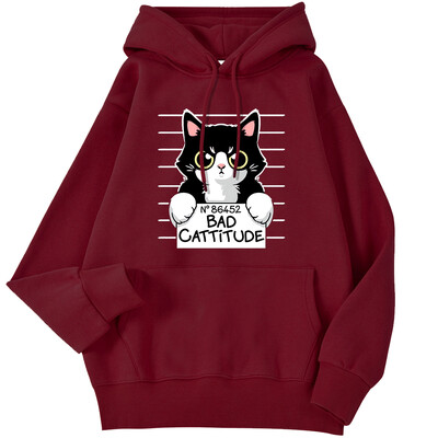 Zimske ženske majice s kapuljačom No86452 Bad Cattitude Smiješna majica s kapuljačom s printom mačke, rastezljivi, spušteni rukavi, pulover, ležerna, slatka ženska ulična odjeća