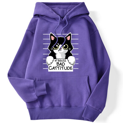 Zimske ženske majice s kapuljačom No86452 Bad Cattitude Smiješna majica s kapuljačom s printom mačke, rastezljivi, spušteni rukavi, pulover, ležerna, slatka ženska ulična odjeća