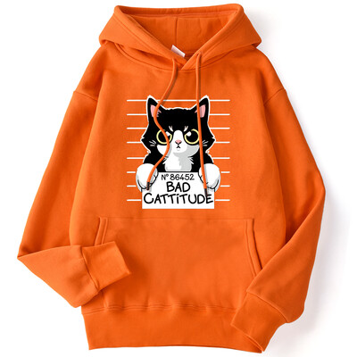 Zimske ženske majice s kapuljačom No86452 Bad Cattitude Smiješna majica s kapuljačom s printom mačke, rastezljivi, spušteni rukavi, pulover, ležerna, slatka ženska ulična odjeća