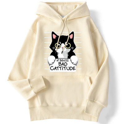 Zimske ženske majice s kapuljačom No86452 Bad Cattitude Smiješna majica s kapuljačom s printom mačke, rastezljivi, spušteni rukavi, pulover, ležerna, slatka ženska ulična odjeća
