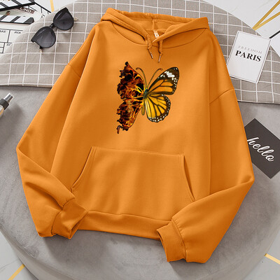 Суичъри с качулка Flaming Butterfly Wings Дамска модна новост Универсален суичър с качулка Класически тренд Нови дрехи Свободен поларен суичър с О-образно деколте