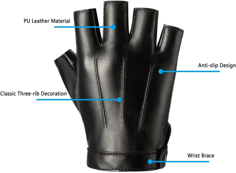 1 pár ujj nélküli kerékpáros kesztyű PU bőrkesztyű kültéri sport műalkotás csúszásgátló réteggel ellátott kesztyűvel motoros vezetéshez