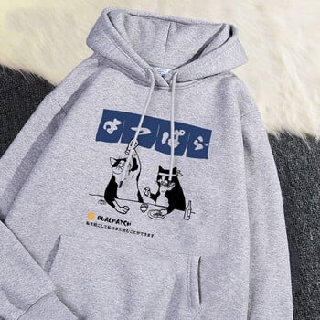 Fashion Woman Hoodie Αυθεντικό ιαπωνικό ρετρό φούτερ με στάμπα γάτας, χαλαρή τσέπη, ζεστό φλις πουλόβερ Φθινοπωρινό, χειμερινό streetwear