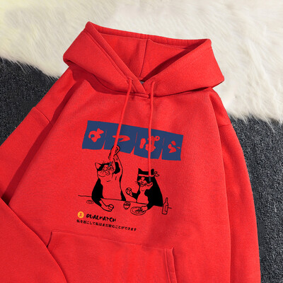 Modes sieviešu kapucis Oriģināls japāņu retro kaķu džemperis ar apdruku brīvā kabatā, silts flīsa pulovers rudens ziemas ielas apģērbs