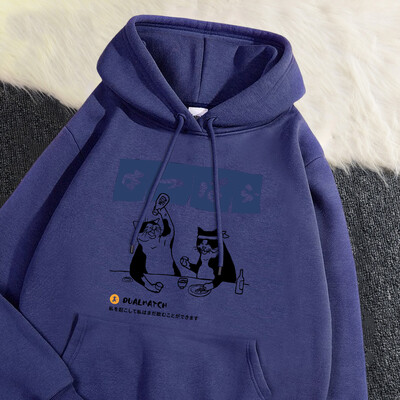 Modes sieviešu kapucis Oriģināls japāņu retro kaķu džemperis ar apdruku brīvā kabatā, silts flīsa pulovers rudens ziemas ielas apģērbs