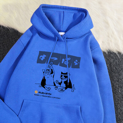 Modes sieviešu kapucis Oriģināls japāņu retro kaķu džemperis ar apdruku brīvā kabatā, silts flīsa pulovers rudens ziemas ielas apģērbs