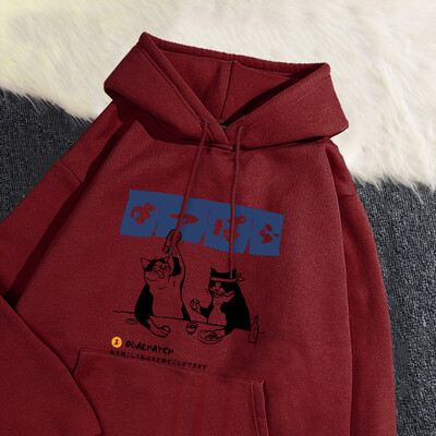 Modes sieviešu kapucis Oriģināls japāņu retro kaķu džemperis ar apdruku brīvā kabatā, silts flīsa pulovers rudens ziemas ielas apģērbs