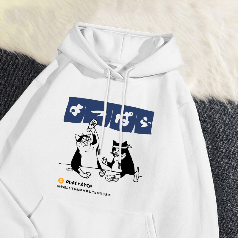 Modes sieviešu kapucis Oriģināls japāņu retro kaķu džemperis ar apdruku brīvā kabatā, silts flīsa pulovers rudens ziemas ielas apģērbs