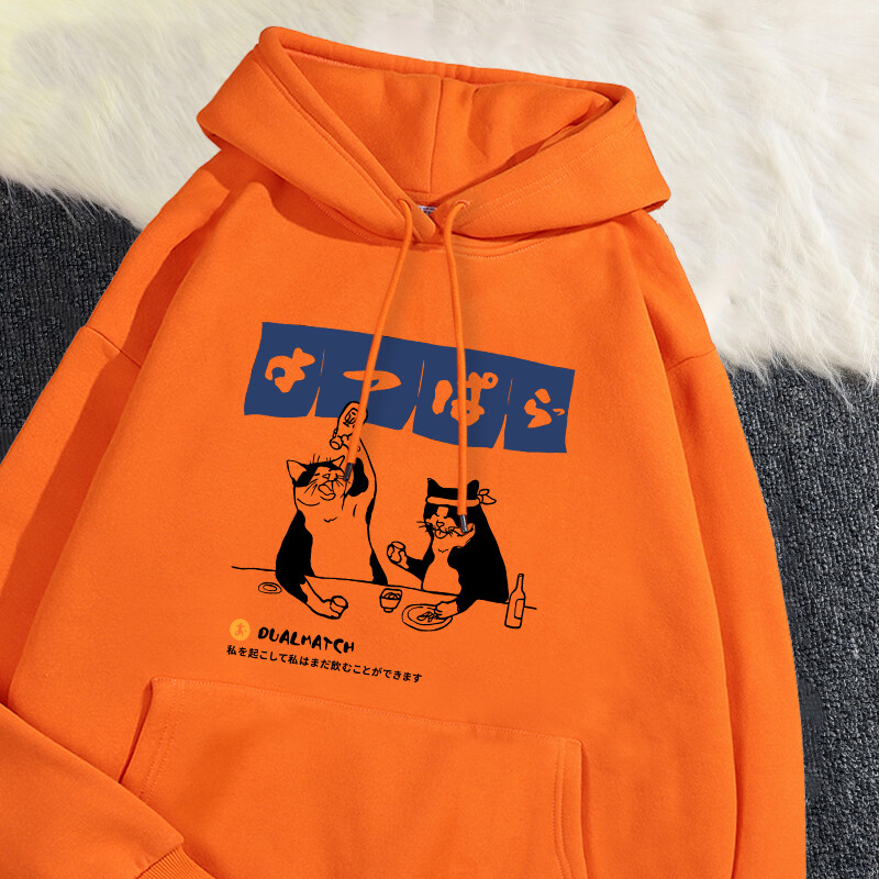 Modes sieviešu kapucis Oriģināls japāņu retro kaķu džemperis ar apdruku brīvā kabatā, silts flīsa pulovers rudens ziemas ielas apģērbs