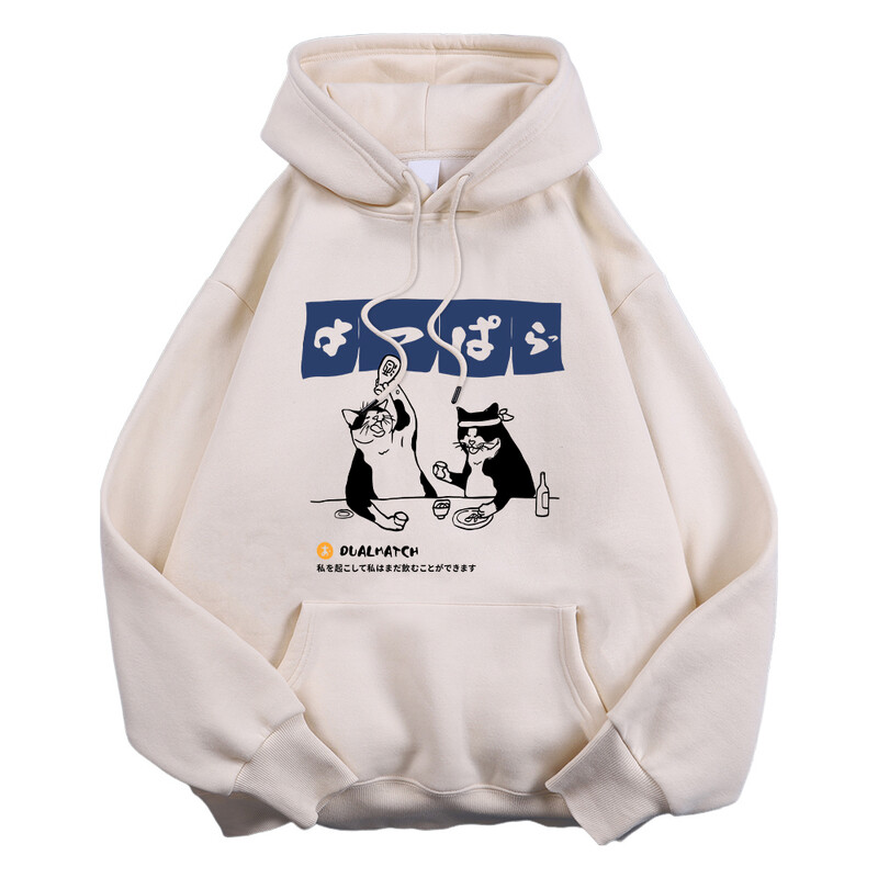 Modes sieviešu kapucis Oriģināls japāņu retro kaķu džemperis ar apdruku brīvā kabatā, silts flīsa pulovers rudens ziemas ielas apģērbs
