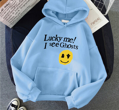 Kanye West Sieviešu kapuces Lucky Me I See Ghosts Print Fleece Sieviešu ikdienas džemperis Unisex ielas apģērbs Harajuku vīriešu kapuci drēbes