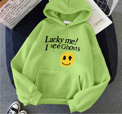Kanye West Sieviešu kapuces Lucky Me I See Ghosts Print Fleece Sieviešu ikdienas džemperis Unisex ielas apģērbs Harajuku vīriešu kapuci drēbes